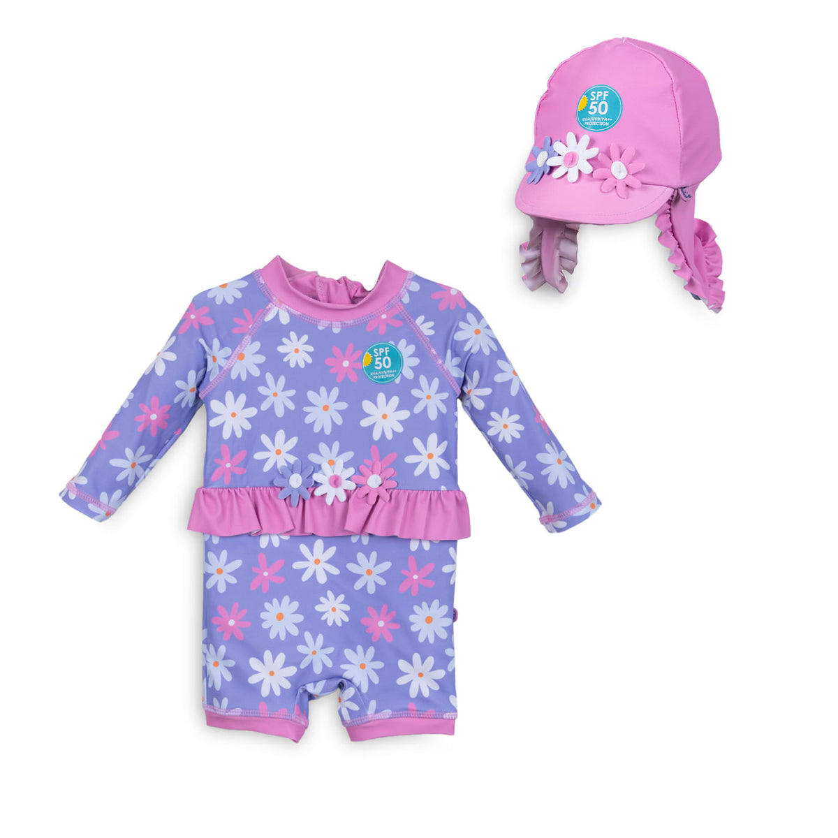 Set Traje de Baño y Gorro Bebé Niña Protección UV Lavanda
