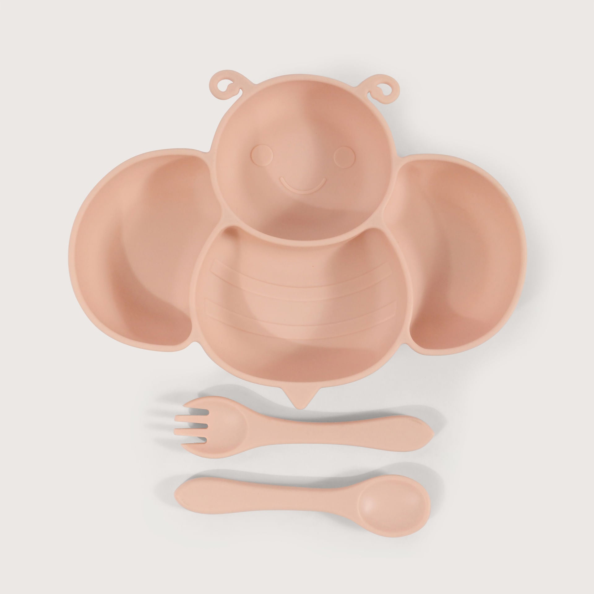 Set Bowl Con Cubiertos Silicona Abeja Rosado