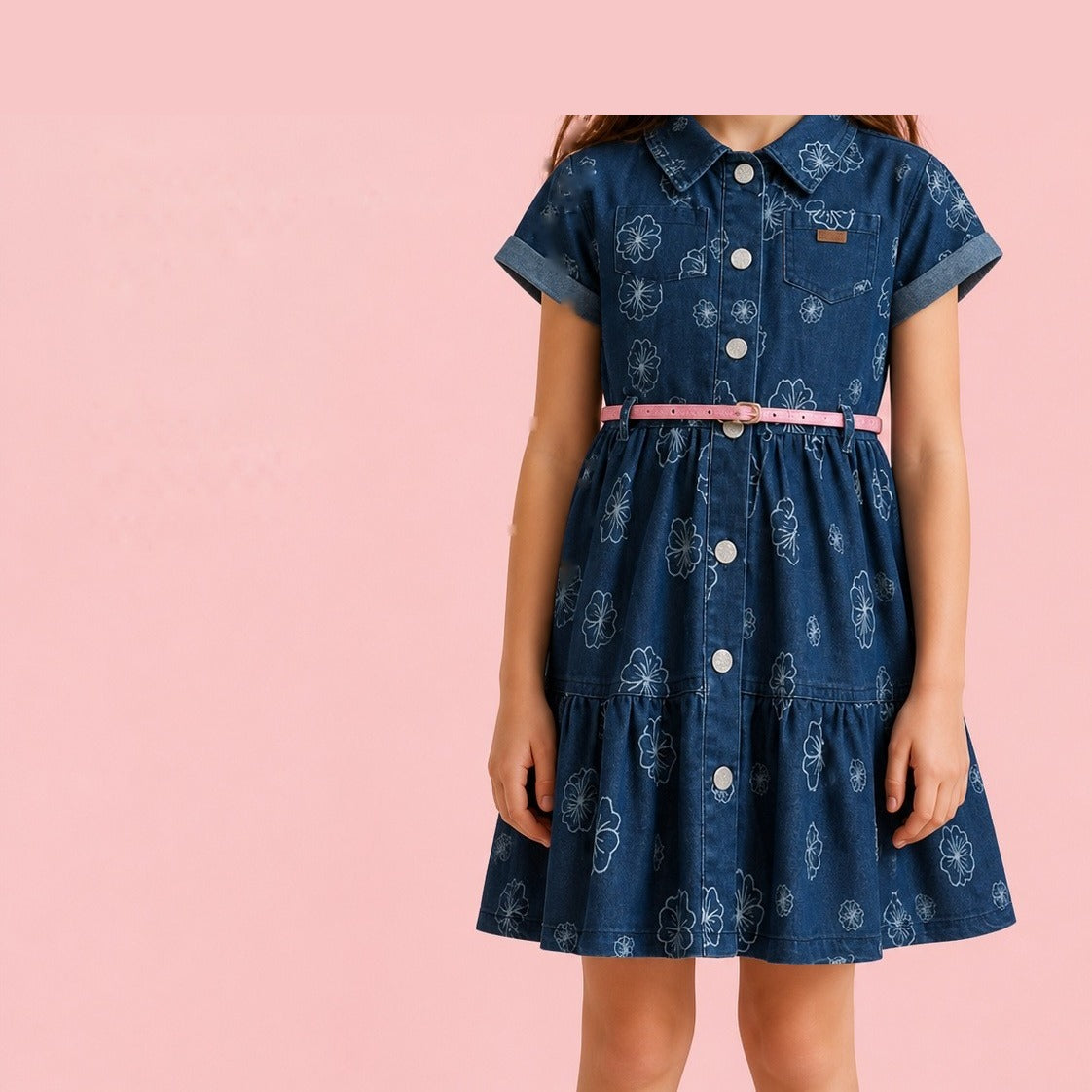 VESTIDO M/C BEBA DENIM FLORES CON CINTURON